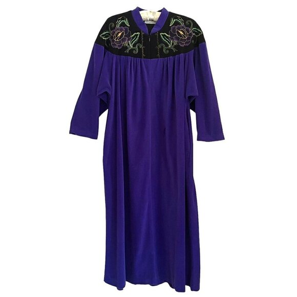 Vtg Vanity Fair Long Robe M Purple Floral Velour Quilted Housecoat Grannycore - Picture 1 of 12
